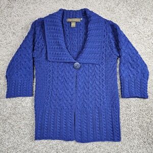 Inis Crafts Womens Sweater Cardigan Sz L Blue Merino Wool Aran Cable Knit Irish